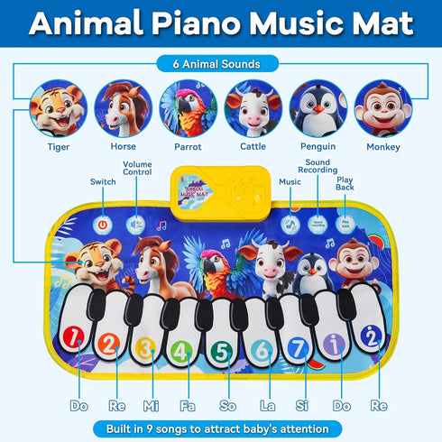 KAYOMIPE Floor Piano Mat for Toddlers,Musical Mats W/ Animal Sounds&Songs,Kids Sensory Educational Carpet Toys,Blanket