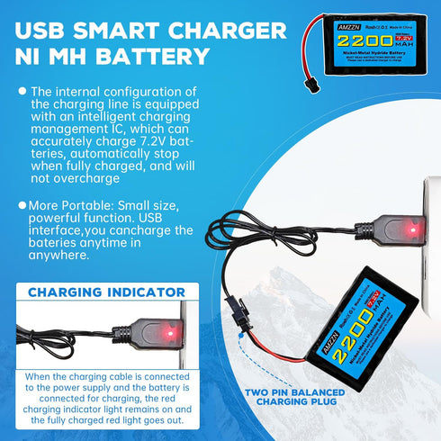 7.2V 2200mAh AA NiMH Battery with SM-2P Plug and USB Charging Cable for Huina 1550 550 RC Excavator, Car, Truck