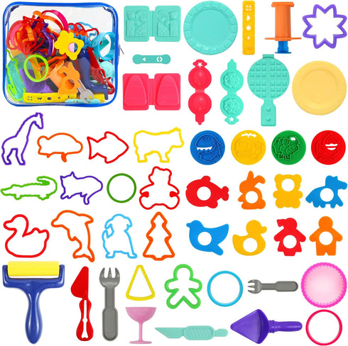 FRIMOONY Dough Tools Set for Kids, 47 PCS Various Animal Molds and Rolling Pins in Random Colors