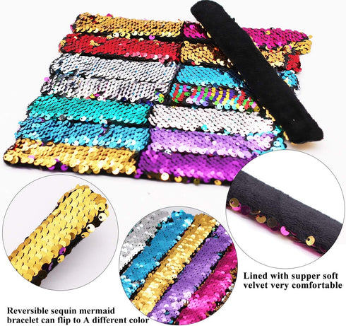 Childom 20 Pack Slap Bracelets - 2-Color Reversible Charm Bracelets with Sequins & Color Ball Head
