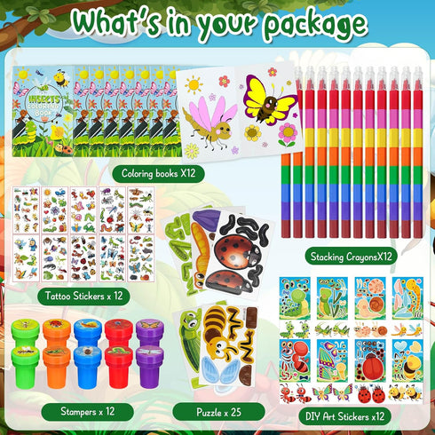 Generic 85 Pcs Insects Bugs Party FavorsButterfly Bee Ladybug Spring Party Supplies with Coloring Books Crayons Tattoos