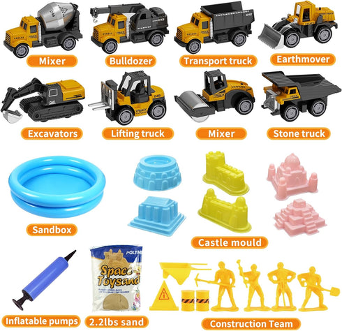 Kit,2.2lbs Sand,8 Vehicles,1 Sandbox,8 Signs,6 Molds,1 3+ Play Construction Sand Magic Alloy Construction Inflatable