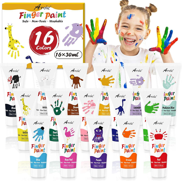 AROIC 16 Colors Kids Washable Finger Paint, Non-Toxic Art Supplies for Toddlers, Finger Painting DIY Crafts