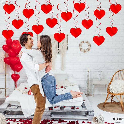 KatchOn Red Hanging Heart Decorations, Pack of 18, No DIY | Romantic Foil Heart Swirls for Special Night