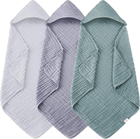 Ease Cubs 3-Pack Muslin Hooded Baby Towels, 100% Cotton, Ultra-Soft & Absorbent Baby Bath