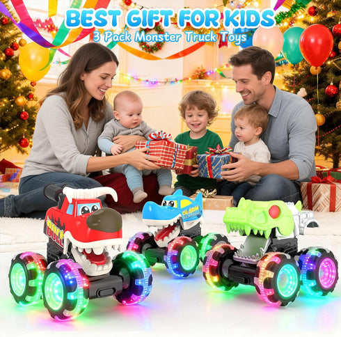 Pnooe 3 Pack Monster Truck Toys, Light Up Cars for Toddlers, Baby Animal Toy Trucks Dino Cars with LED Lightning