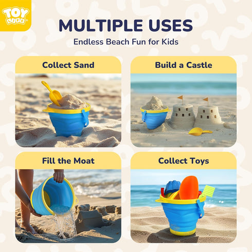 3 3 TOY Life Collapsible Beach Bucket Toys for Kids Beach Essentials with Portable Seashell Bags & Silicone Collapsible