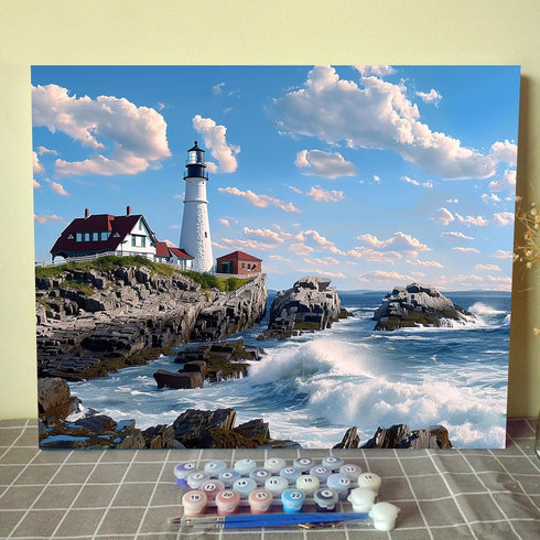 Portland Head Light Paint by Numbers Kits, Acrylic Oil Painting for Adults Kids, Tropical Seascape Home Decor