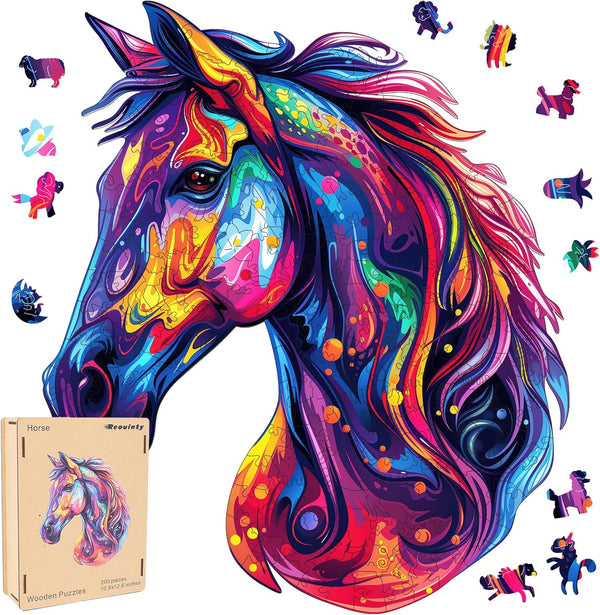 Horse Wooden Jigsaw Puzzles for Adults, 200 Pcs Beautiful Wooden Puzzle with Box, Family Game Birthday Gifts (10.8 *