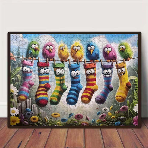 GEMOUJ 1000 1000 27.5 19.7inch Birds Family Puzzles for Adults Pieces,Colorful Cartoon Socks Piece Puzzle