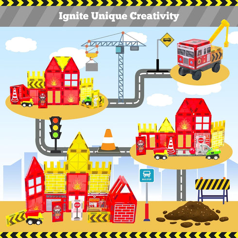 56PCS 4-8, 4 5 Magnetic Tiles for Kids, Construction Magnet Tiles with Fire Truck Station, Building, Road, Crane, Car