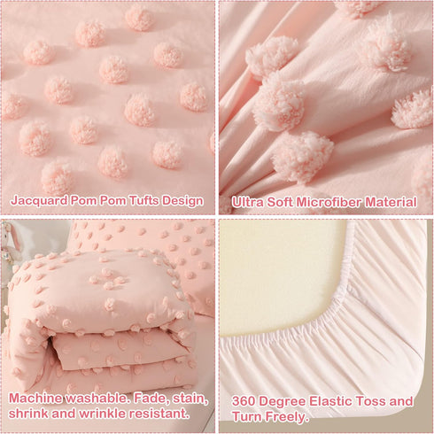 Set 4-Piece Set Toddler Bedding for Girls Pink Jacquard Pom Pom Tufts Bohemian Boho Tufted Dots Crib Toddler Comforter