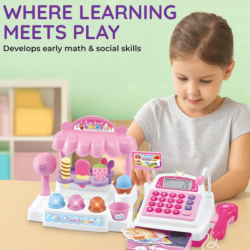 Ice Cream Store Mini Cash Register with Pretend Play Desserts, Working Scanner, Calculator, Microphone, Money