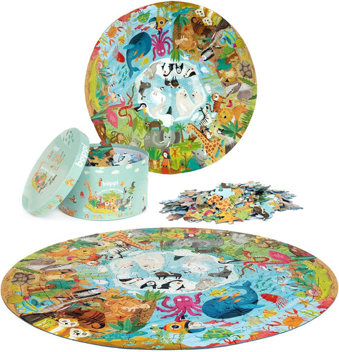 Animals Around The World Round Jigsaw Puzzle, 150 Pieces for Children Ages 5-8, 100% Recycled Card