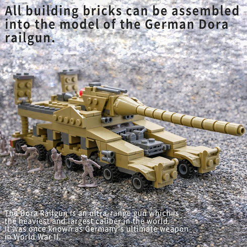 WW2 Army Building Blocks Toys Set, Create German Dora Heavy Cannon Model or 16 Small Military Vehicles for Boys 6+