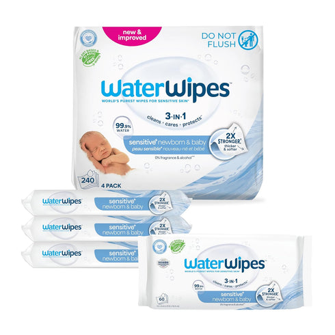 WaterWipes Sensitive+ Newborn & Baby Wipes, 3-In-1 Cleans, Cares, Protects, 99.9% Water,