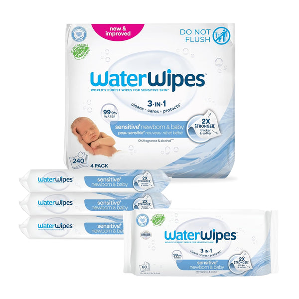 WaterWipes Sensitive+ Newborn & Baby Wipes, 3-In-1 Cleans, Cares, Protects, 99.9% Water,