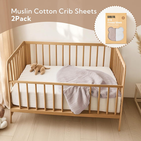 2 Pack (28"x 52", SOULFUL Muslin Crib Sheets for Boys Girls, Soft and Breathable Cotton Fitted Crib Sheets for Standard