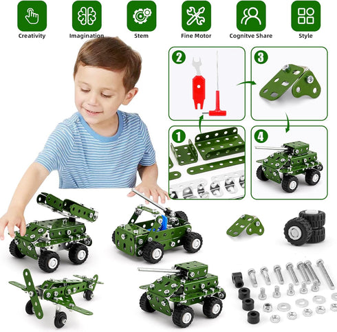 Model Building Kits, Metal Military Toys Model Kit, 4 in 1 Erector Sets for Boys Age 8-12