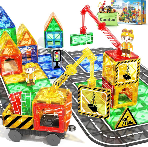 Kids Games Magnetic Tiles with 2 Cranes Construction Toys Set for Boys Girls Ages 3-13, Outdoor Sensory Toys