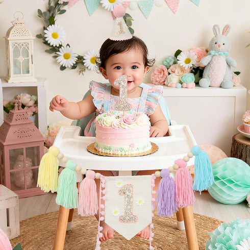 Daisy1st 1st JUIIZAY Baby First Birthday Party Decorations Macaron High Chair Banner Crown Cake Topper Birthday