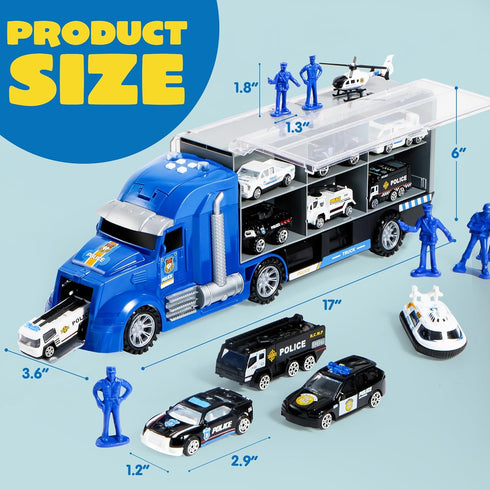 25 1 Set 3 JOYIN in Police Rescue Truck Car Toy with Sounds and Lights, Mini Vehicles in Carrier Truck, Play Police