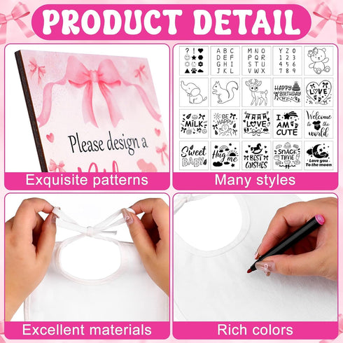 FIONUPI 55 1 22 22 10 Pcs Baby Bibs Decorating Kit Includes Wooden Pink Bow Baby Shower Game Sign DIY White Bibs Bow