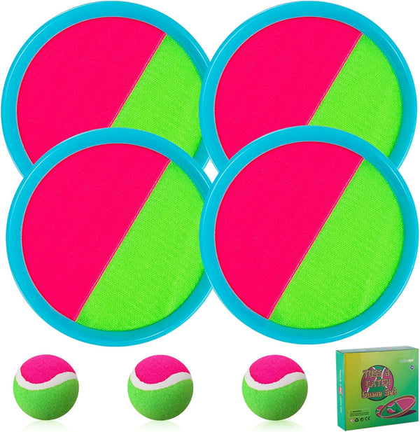 Outdoor Games for Kids Ages 4-8 - Toss and Catch Ball Set with 4 Paddles, 4 Balls, Storage Bag, Yard Fun
