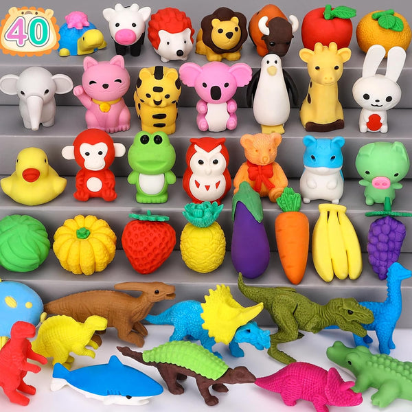 Arscniek 40 Pack Pencil Erasers for Kids, Bulk Toys, Puzzle Animal Erasers, 3D Mini Erasers, Party Favors