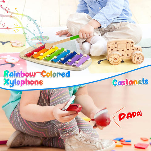 Kids Musical Instruments, Wooden Toys Set for Toddlers Age 2-4 with Xylophone Maracas Tambourine Birthday Gift