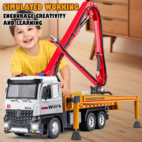 Concrete Pump Truck Toy, Diecast Construction Trucks with Working Water Pump, Lights and Sounds for Kids