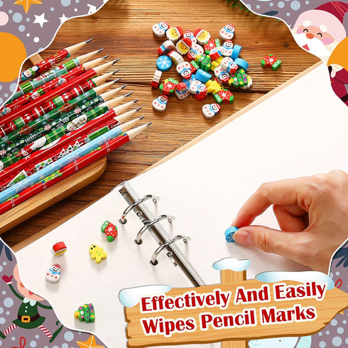 72 Pcs Christmas Pencils Mini Pencil Erasers Set, Christmas Party Favors for Kids, Holiday Tiny Erasers, Classroom