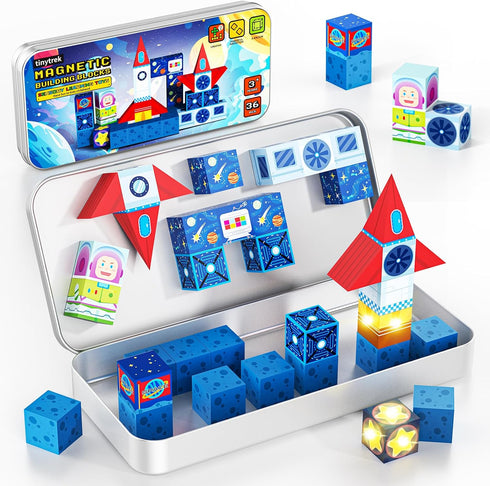 36 Set PCS Mini Magnetic Tiles Travel with Portable Iron Storage Box, STEM Learning Magnetic Building Blocks with LED
