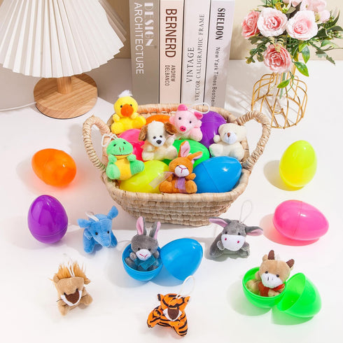 12 Pack JIALWEN Filled Easter Eggs with Plush Animal, Easter Basket Stuffers Plastic Easter Eggs Prefilled Surprise