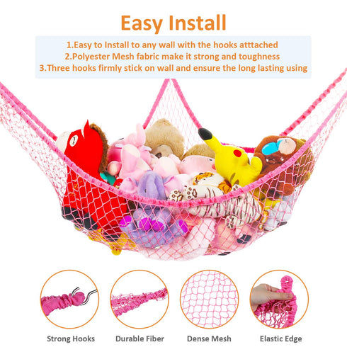 Jumbo Toy Hammock 83" Stuffed Animals Storage Net, Extra Large Kids Mesh Toy Organizer Wall Sling (Pink)