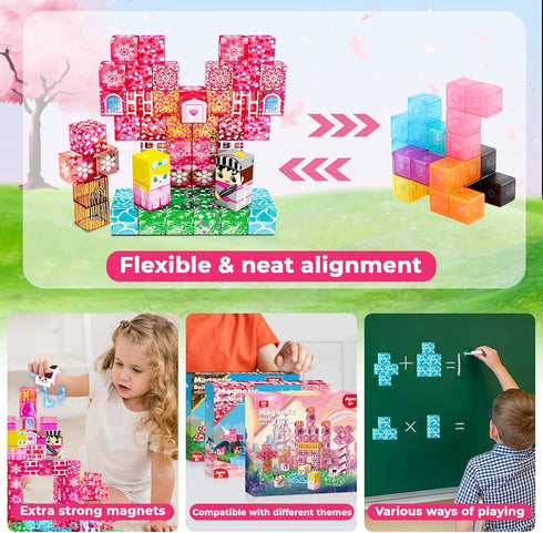 Magnetopia 100PCS Sets 4-8 Magnetic Blocks - Magnetic Building Block Cubes, Magnet Blocks Transparent Castle Princess