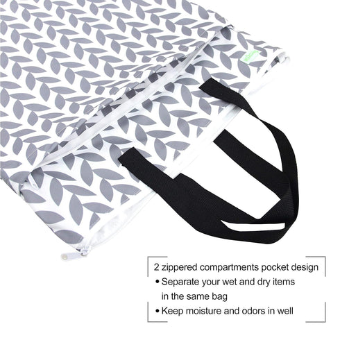 wegreeco Eco-Friendly Wet Dry Diaper Bag - Grey Leaf Design