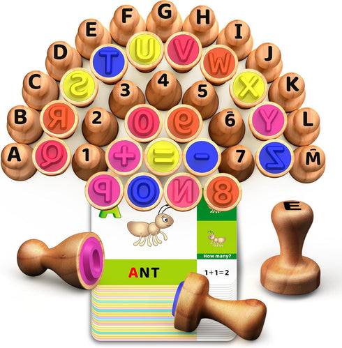 UdoUto Wooden Alphabet & Number Stamps for Kids, Essential ABC 123 Learning