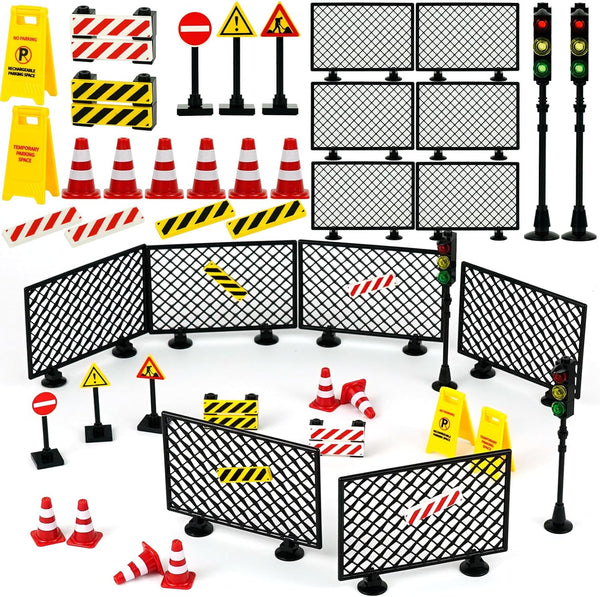 Pasacho City Road Signs Bricks Accessories, Mini Traffic Cones & Crosswalk Signal Toys for Kids Building Blocks