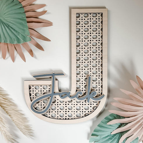 Custom Boho Wood Personalized Initial & Name Sign - Handmade Rattan Wall Decor for Nursery or Child's Bedroom - Baby