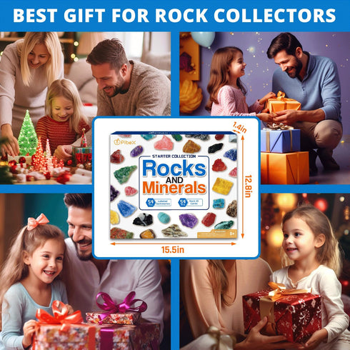 54 8+ PIBEX Rock Collection Starter Kit - Pcs Assorted Gemstones, Crystals, Rocks & Minerals, with Learning Book & ID