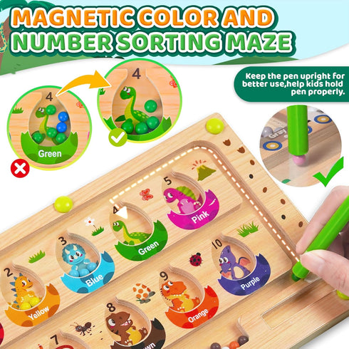 Zemobra Montessori Toys Busy Board Travel Toys for Toddlers Kids Wooden Magnetic Color and Number Maze Puzzle, Dinosaur