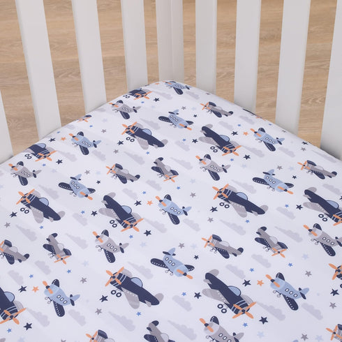 Little Love by NoJo Soar High Little One Navy, Light Blue, Orange, and White Airplanes, Clouds, and Stars Fitted Crib