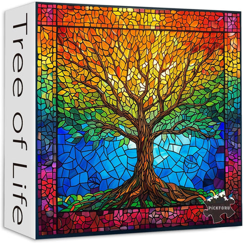 PICKFORU Stained Glass Puzzles for Adults, 1000 Pieces Mosaic Tree of Life Unique Rainbow Jigsaw Puzzle