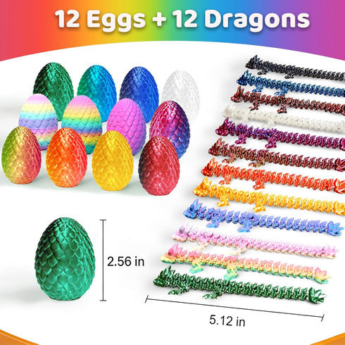 12 Pack 3D Printed Dragon Toys, Flexible Articulated Fidget Dragons in Surprise Eggs, Collectible Desk Toys, Party