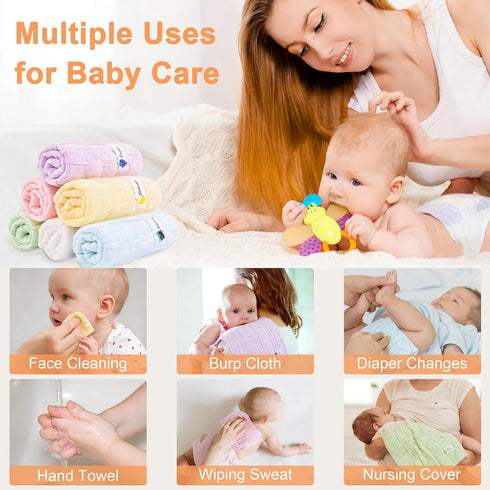 6 Pack 100% 10x10 Inches Muslin Baby Washcloths Cotton Ultra Soft and Absorbent Gentle for Newborn Skin Stretchable