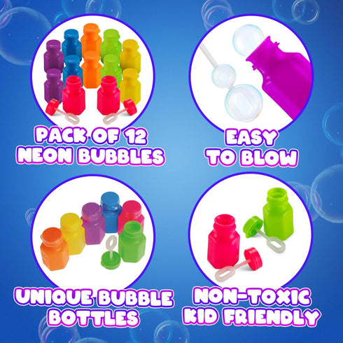 Mini Neon Party Bubbles for Kids - Pack of 12 Bulk Wands and Bottles for Blowing Bubbles, Birthday Party Favors