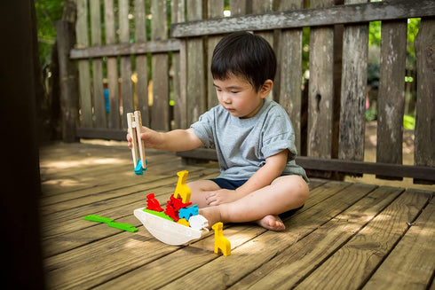 3+ PlanToys Balancing Boat Wooden Game for Kids Ages | Montessori Fine Motor & Coordination Challenge with Dice
