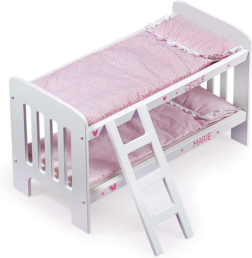 Badger Basket Toy Doll Bunk Bed with Gingham Bedding, Ladder, Personalization Kit for 20 Inch Dolls - White/Pink