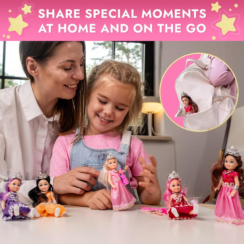 TOMLEON Playset 6 Set 3+ Princess Dolls Mini Princess Dolls with Colorful Gowns, Crowns & Jewelry Fantasy Role Play